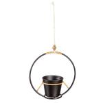 BLK HANGING METAL PLANTER W/ RATTAN