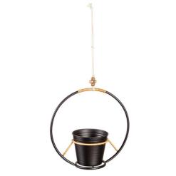 BLK HANGING METAL PLANTER W/ RATTAN