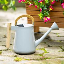 GREY WATERING CAN W/WOODEN HANDLE